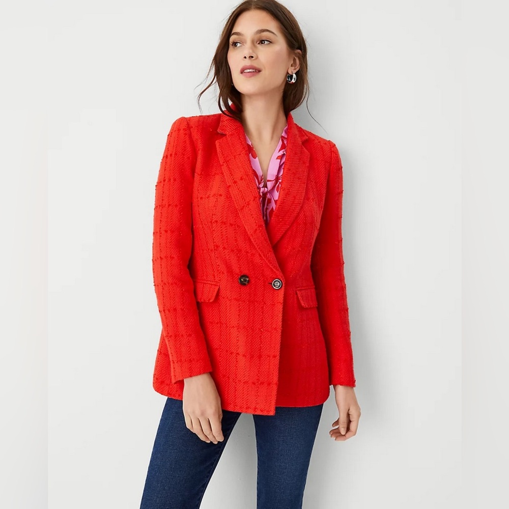 Ann Taylor Red Textured Double-Breasted Blazer